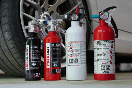 From left to right: H3R Halguard Clean Agent, H3R Maxout Dry Chemical, Kiddie FA5G Dry Chemical (Marine & Standard Variations)